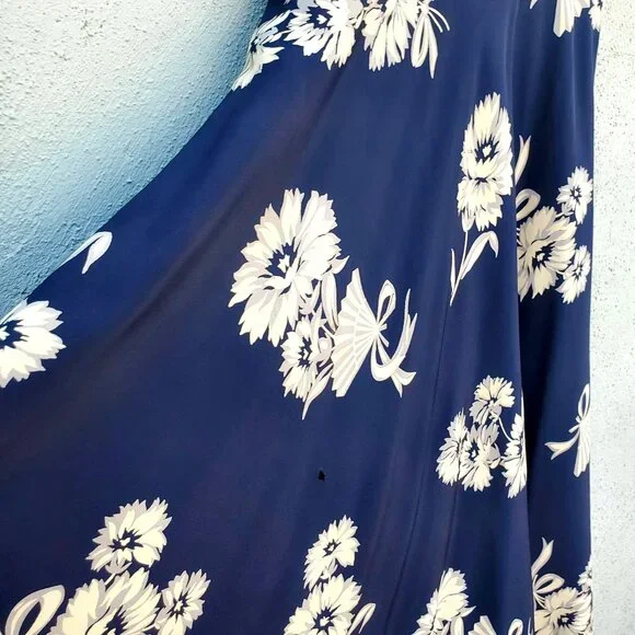 1930s Navy Floral Fan Dress Size 8 Draped Neckline Batwing Sleeve Vintage Rayon - Picture 10 of 13